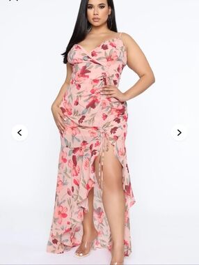 The Vintage Shope Women's  Ruffled  Peach / Pink Floral V Neck Maxi Dress Sz 1X